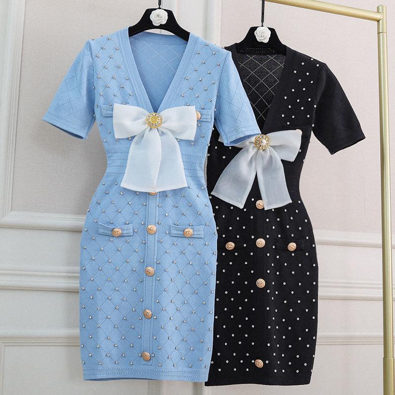 

Party Dresses Slimming Knitted Dress Women V-neck Short Sleeve Single-Breasted Bow Beaded Summer Mini Elegant 8161004, Black