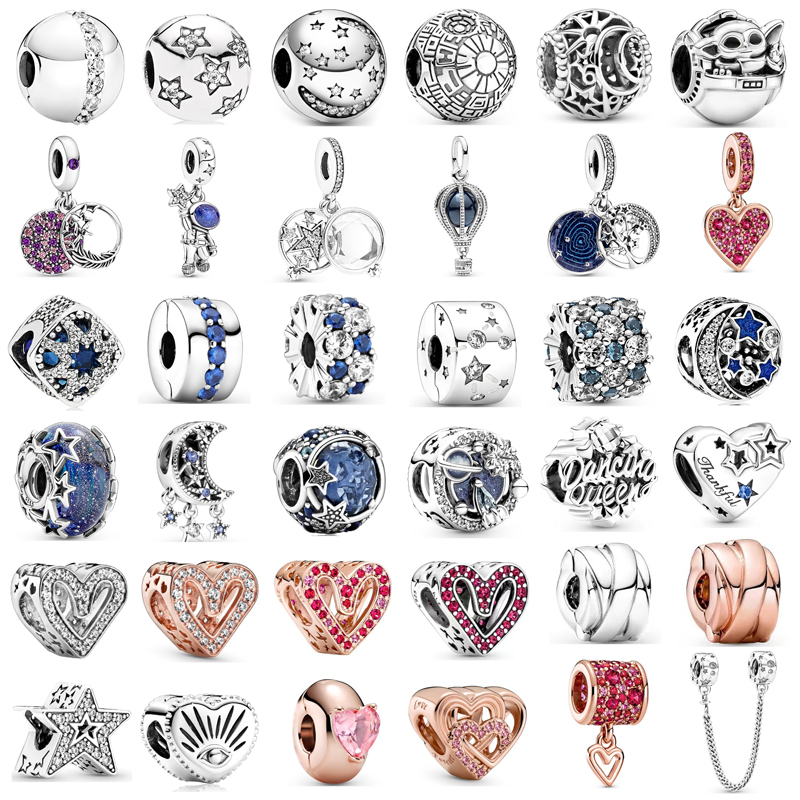 925 Argent Charme Perles Balancent Étoile Croissant De Lune Bleu Étoile Espace Série Perle Fit Pandora Charms Bracelet DIY Bijoux Accessoires