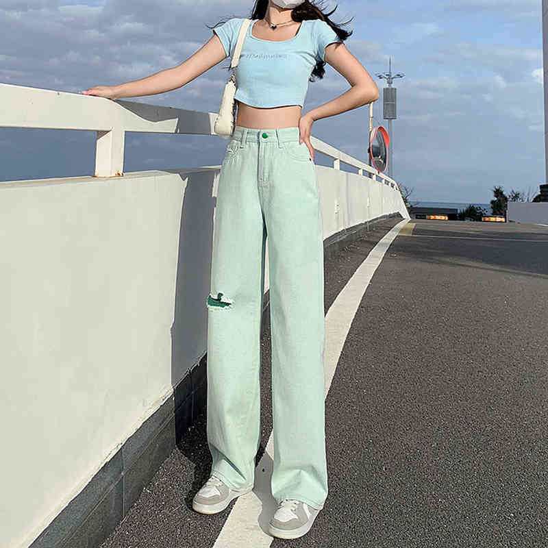 

Green Hole Women Jeans High Waist Loose Straight Leg Femme Jean 2022 Spring Fashion Casual Streetwear Female Pants Baggy Trouse T220728, Light green