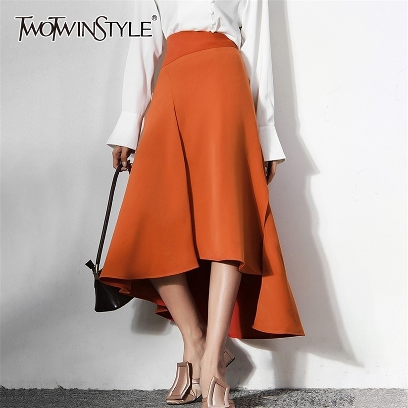 

TWOTYLE Irregular Folds Patchwork Skirt Female High Waist Asymmetrical Temperament Fashion Skirts For Women Autumn 220322, Orange