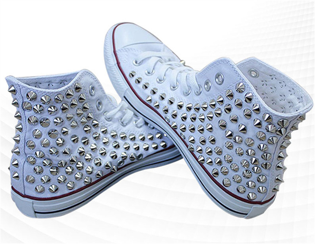 

diy White high-top custom rivet canvas toe spikes fashion couple punk party couple casual shoes big size 35-44