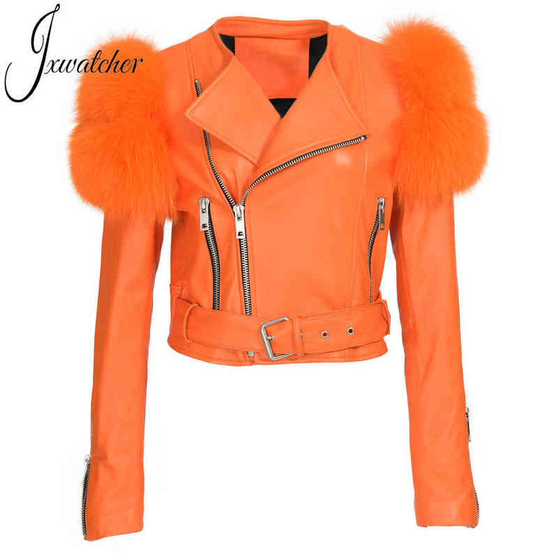 

Women Genuine Leather Jacket Ladies Genuine Sheepskin Jacket Waistband Design Fox Fur Ornament Full Sleeves Female Outfit Cropped J220727, Rose