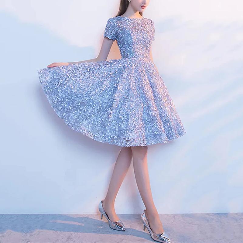 

Party Dresses Formal Homecoming Cocktail Dress Scoop Neck Short Sleeve Knee Length Tulle With SashParty, Blue