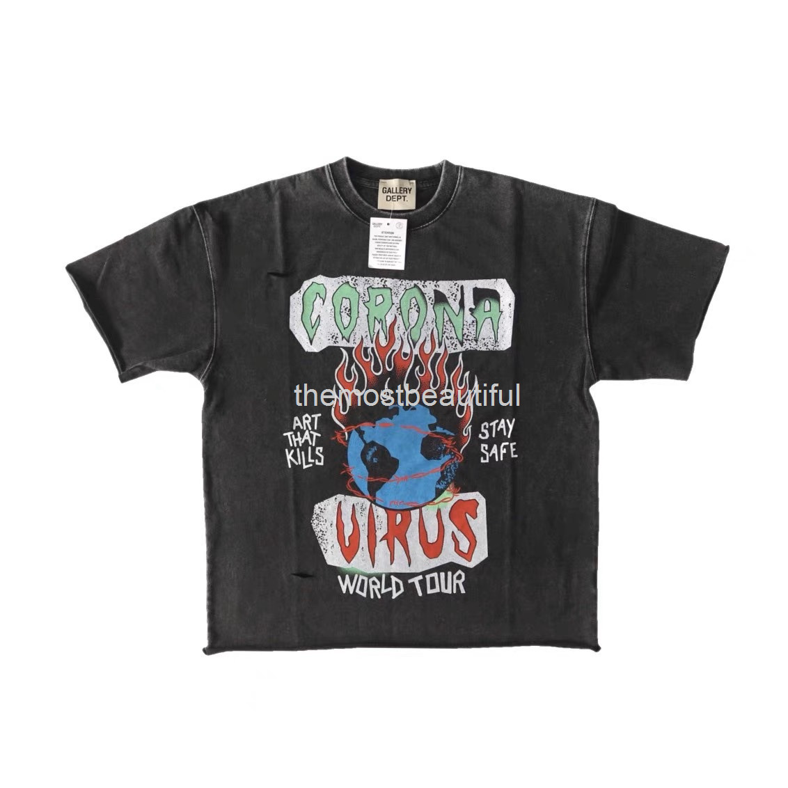 

Men' T-Shirts 22fw hip hop worn hole flame earth G D ATK graffiti rainbow letter skull finger short sleeve T-shirt, 2# packing bag