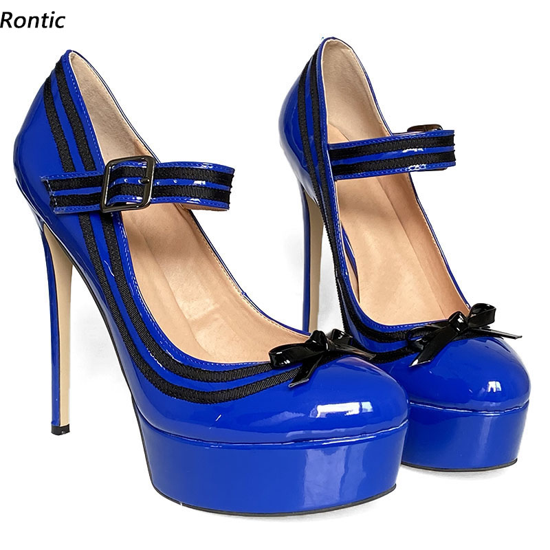 

Rontic Handmade Women Platform Pumps Knot Patent Sexy Stiletto Heels Round Toe Pretty Blue Red Purple Dress Shoes US Size -20, Black