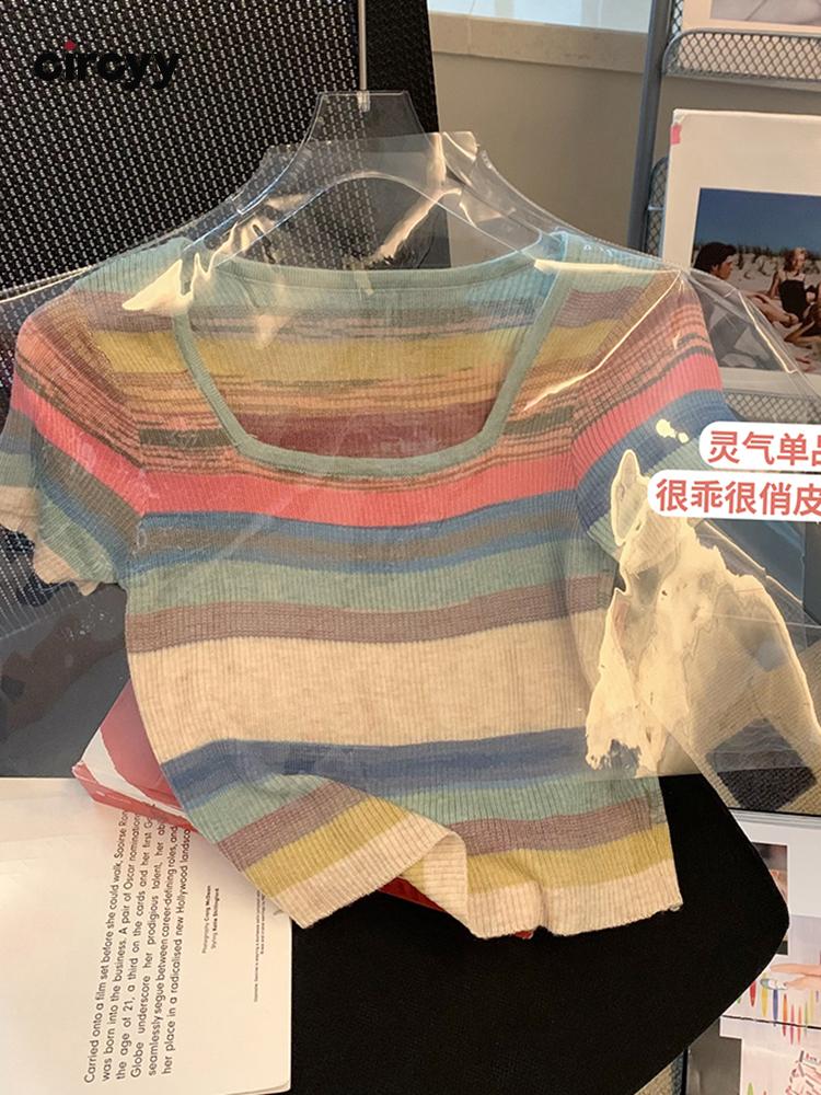 

Women' T-Shirt Circyy Women Tshirts Panelled Striped Summer Short Sleeve Square Collar Top Fashion Skinny Clothing Knitted StreetwearWomen