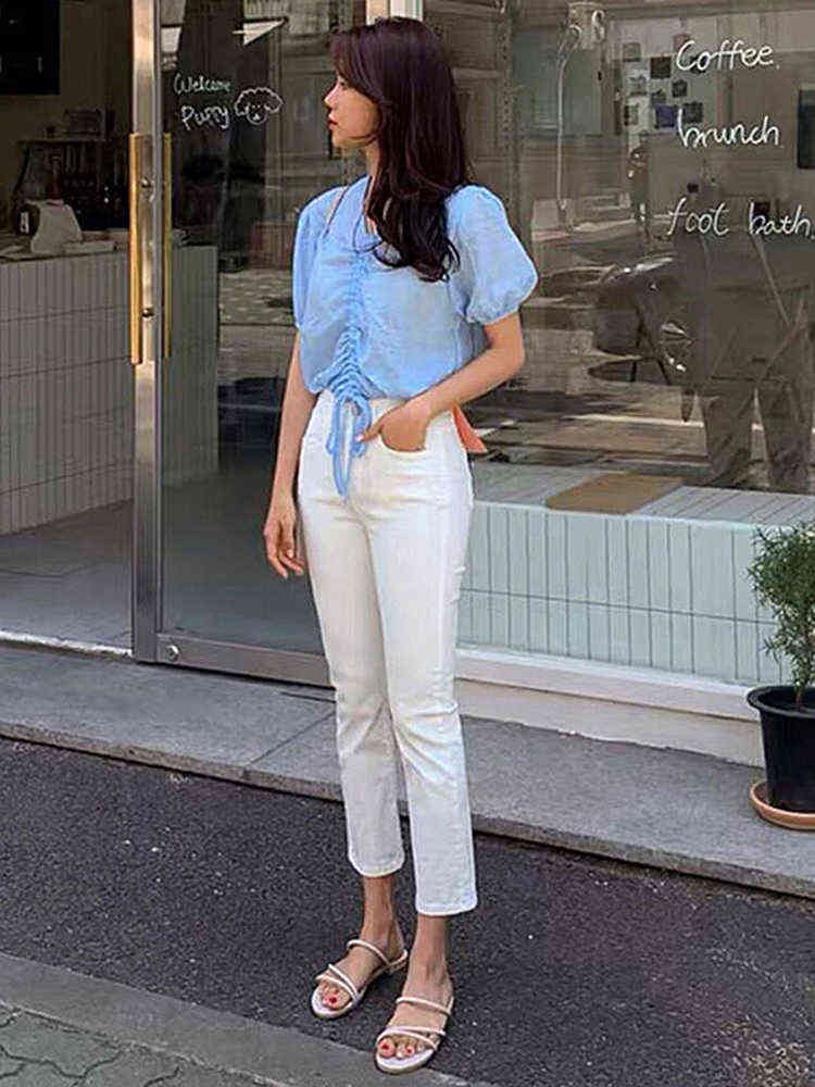 

White Vintage Jeans Women's Straight Leg Pants 2022 Spring High Stretch High Waist Ankle Length Skinny Boyfriend Hot Denim Pants T220728, Burr bottom