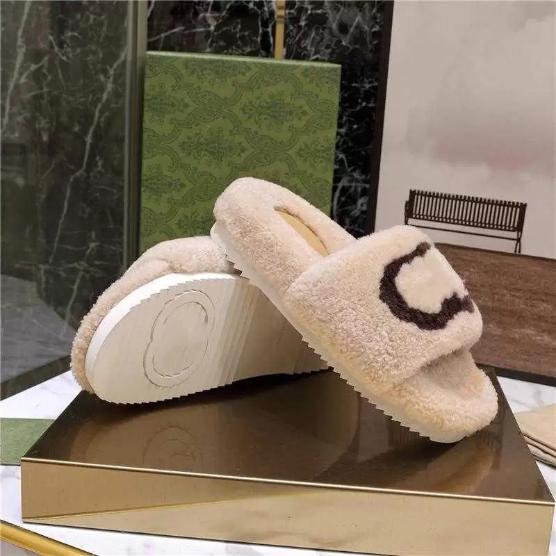 

Women Fur Slippers Slide Sandal Wool Designer Thick Bottom Light Brown Merino Fashion Apartment Flat Muller Heel slipper Winter Sexy Mullers