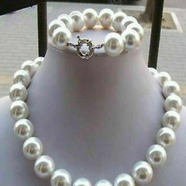 

14MM White AAA South Sea Shell Pearl Round Beads Necklace Bracelet Set 18''