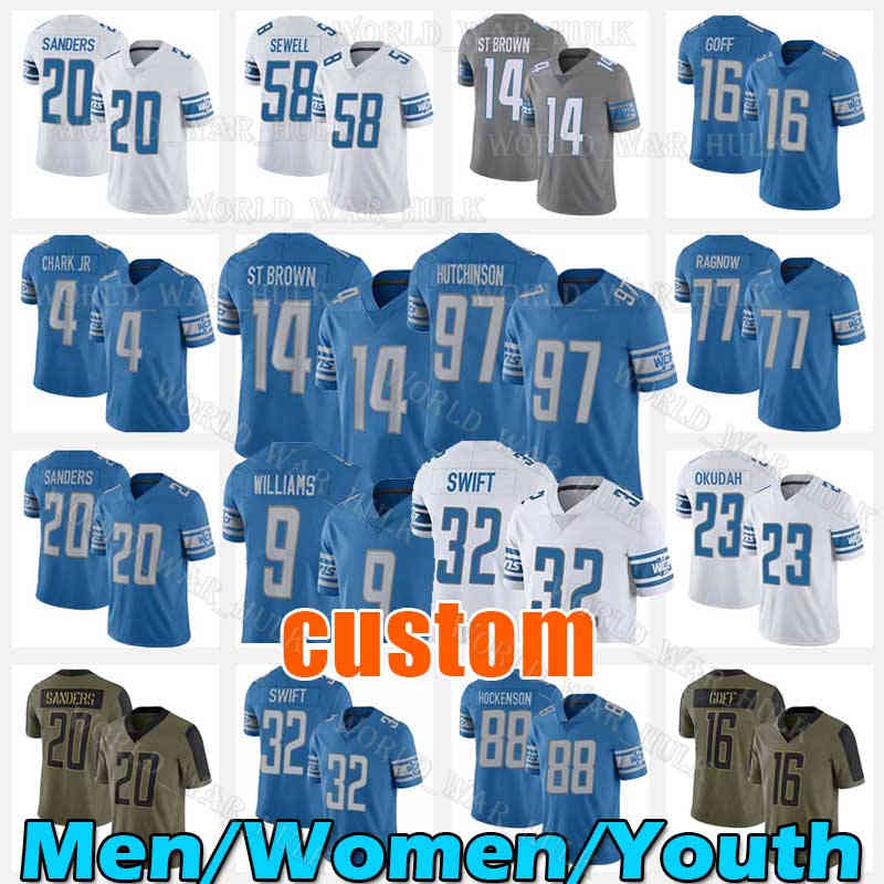 

Aidan Hutchinson Football Jersey Amon-Ra St. Brown Malcolm Rodriguez Jameson Williams Lions DAndre Swift Jeff Okudah Penei Sewell T.J. Hockenson Jared Goff DJ Chark Jr, Men custom jersey(x s)