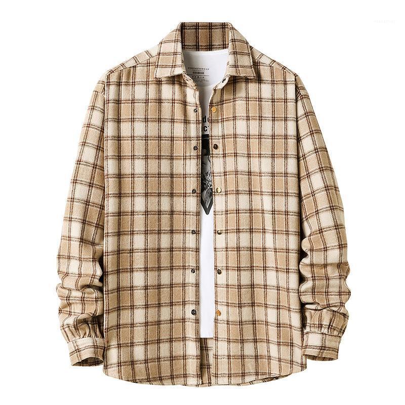 

Plaid Long Sleeve Flannel Men Shirts Casual Korean Blue Mens Clothing Plus Size 2XL Streetwear Autumn Spring Social Top Men, Khaki