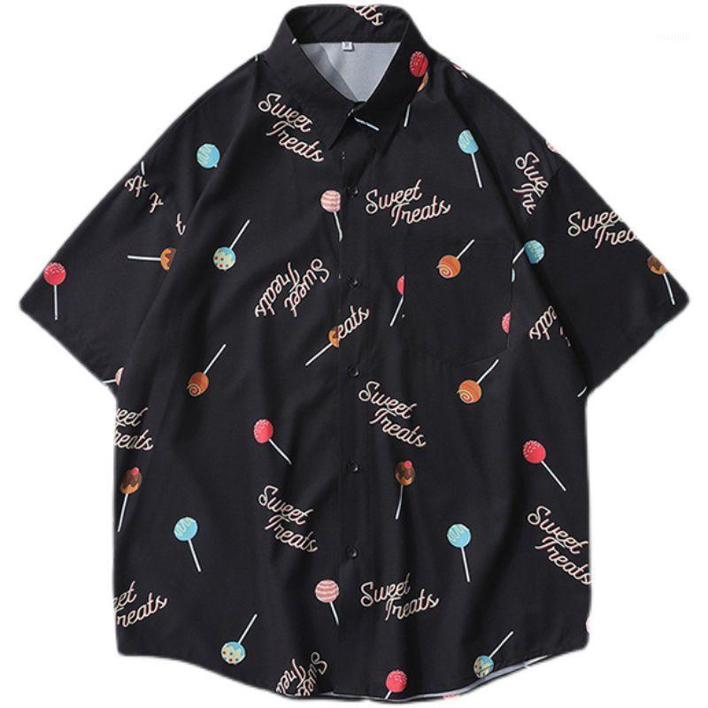 

Men' Casual Shirts Men Women Shirt Short Tops Kawaii Lollipop Printing Sleeve Fitted Anime Manga Clothes Japanese Style, Black