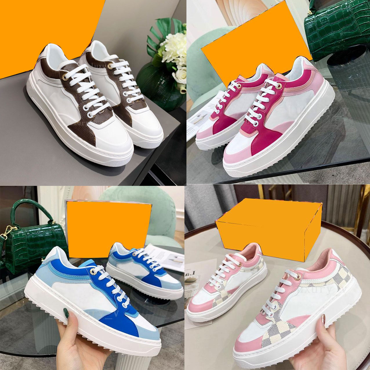 

Designer Casual Shoes Time Out Sneakers Old Flower Macarone Sports Sneaker 22SS Women Small White Shoe Embossed Pattern Thick Bottom Lace Up Leather Low Top Shoes, Color 2