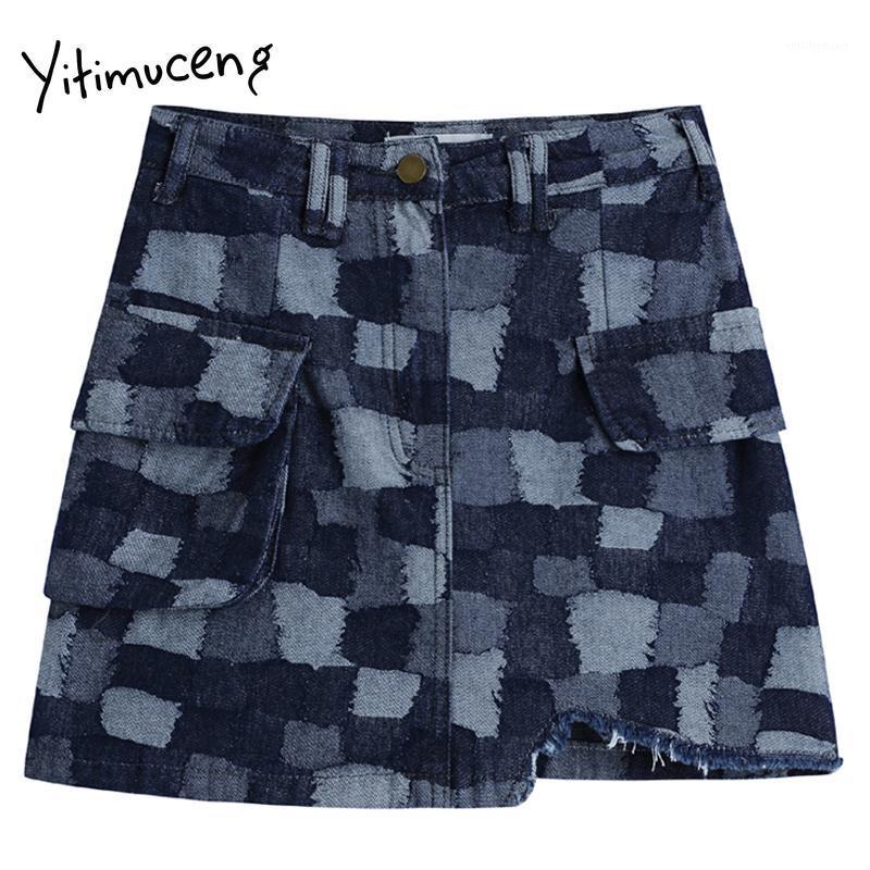 

Skirts Yitimuceng Plaid Pockets Zipper Skirt Women High Waist Mini A-Line 2022 Spring Summer Office Lady Fashion, Blue