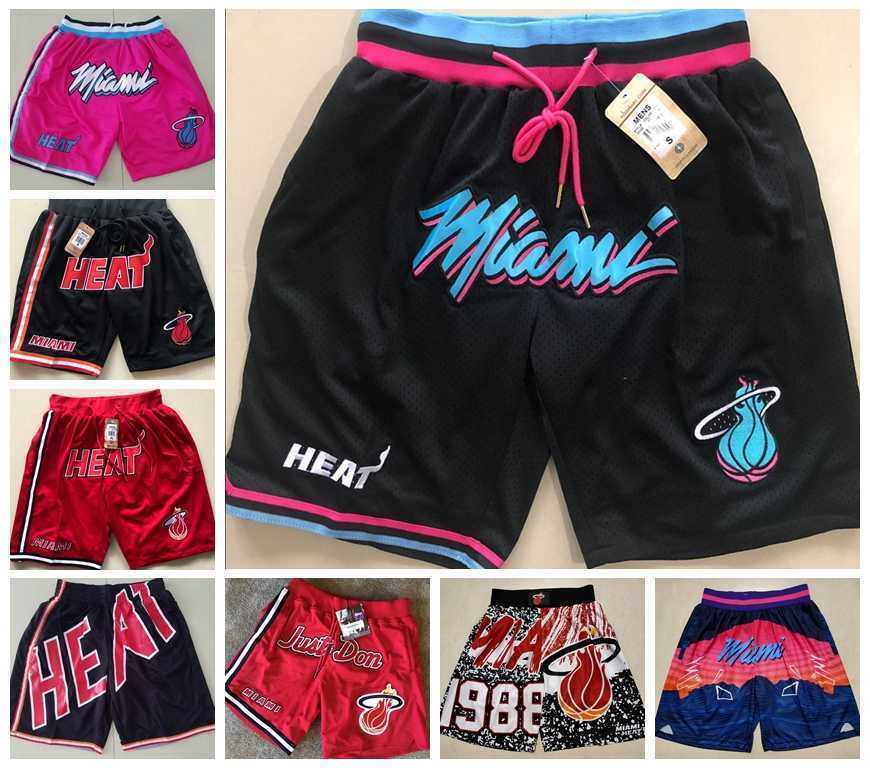 

Miami''Heat''Men Basketball Shorts JUST DON Stitched Mitchell and Ness With Pocket Zipper Sweatpants Mesh Retro Sport PANTS S-2XL