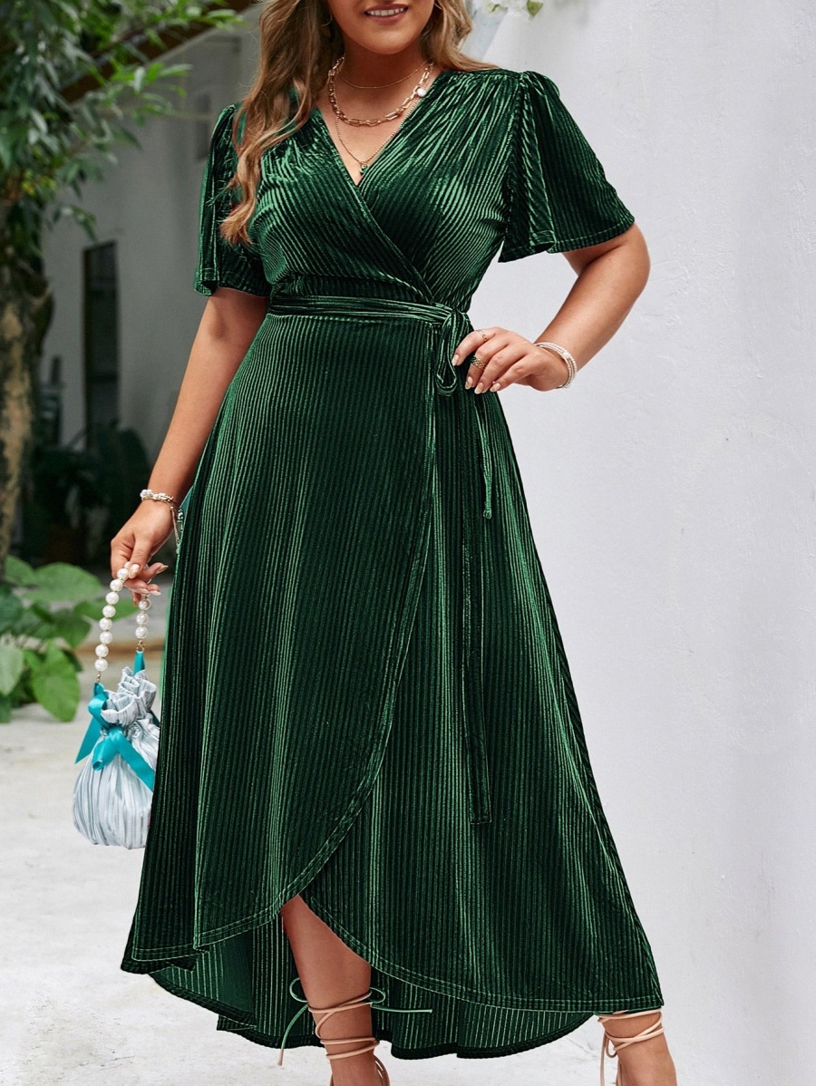 

plus Flutter Sleeve Tie Side Wrap Velvet Dress B5yO#, Dark green