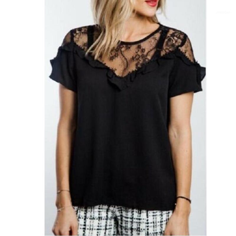 

Women' Blouses & Shirts Summer Lace Stitched Female Short Sleeve Hollowed-out Tops Lady Casual Top Clothes, As pic