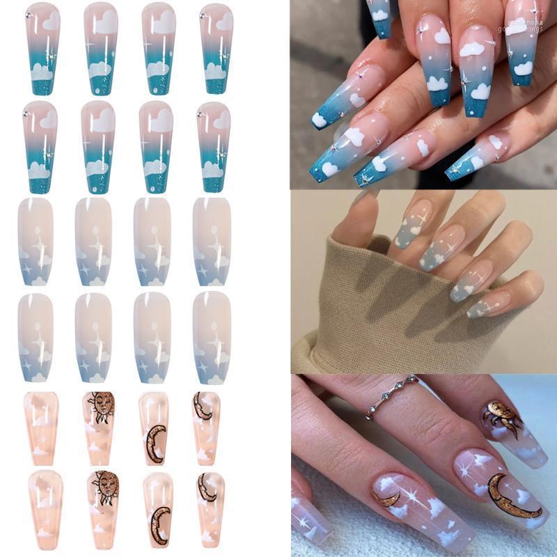 

False Nails 24pcs Blue Sky White Clouds Ballet Armor Long Wearable Coffin Full Cover Fake Women Fashion Nail Tips Manicure Prud22, Bright 17