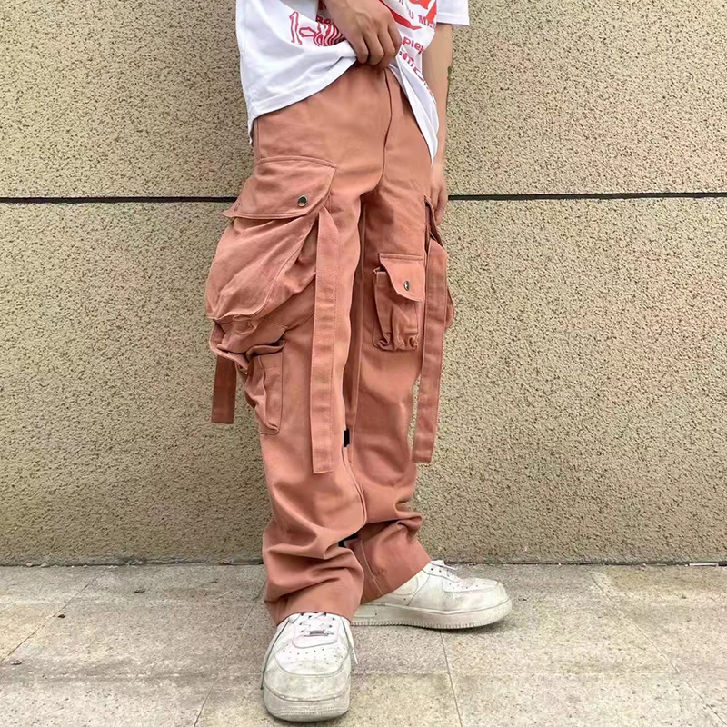 

Multi-pockets Heavy Mens Cargo Pants Elastic Waist Straight Wide Leg Couple Overalls Trousers