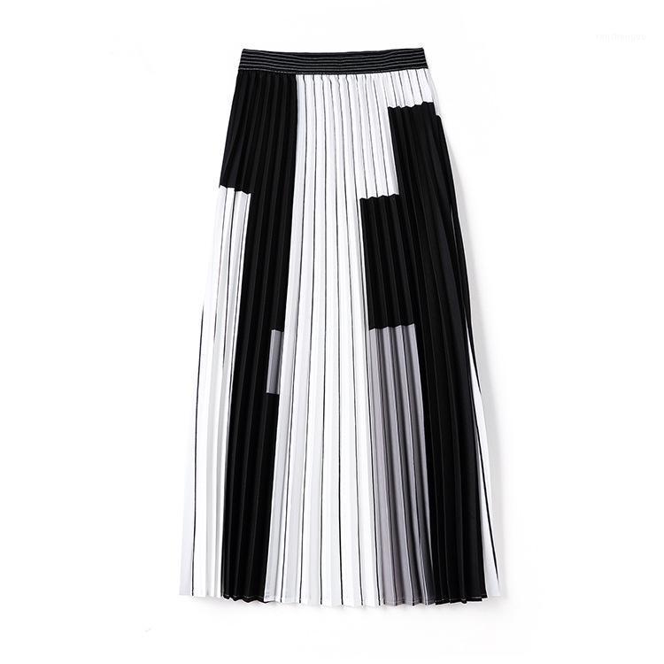 

Skirts 2022 High-end Fashion High Waist Contrast Color Long Pleated Skirt For Woman, Black