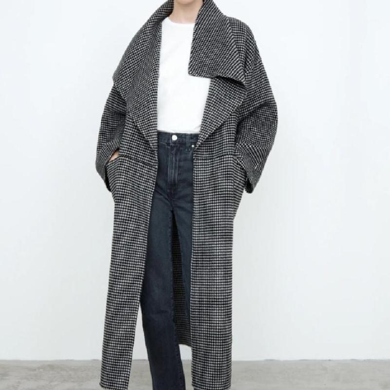 

Women's Wool & Blends Winter High Quality Women Woolen Long Coat Houndstooth Lapel Loose Warm Jacket Female Oversize Cardigan Arrival 2022, Plaid