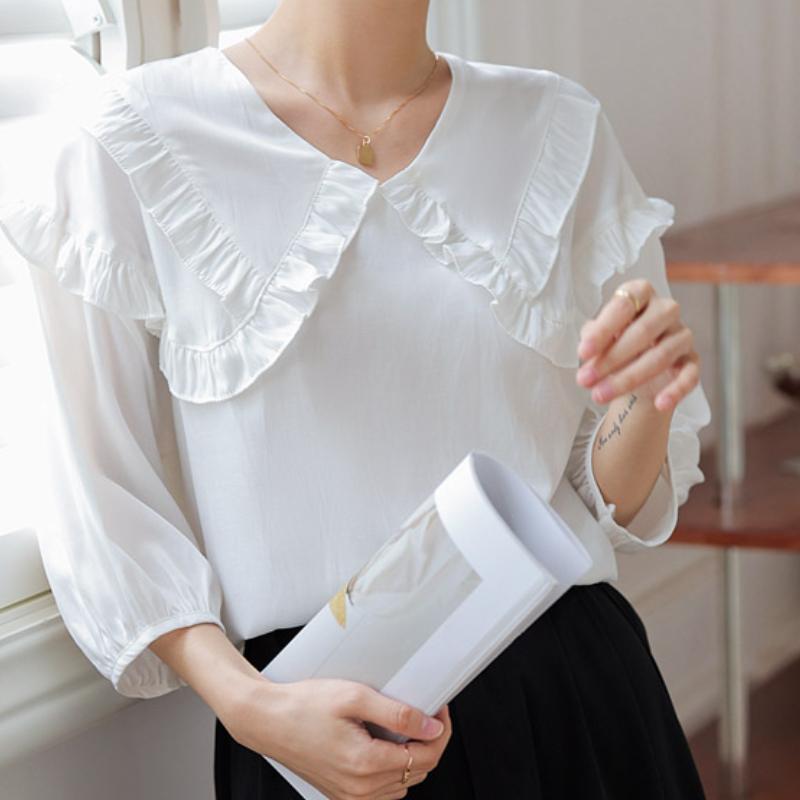 

Women' Blouses & Shirts Summer French Thin Half Sleeve Lace Bubble Ruffle Baby Collar Age Reducing Versatile Top 705g 710-6Women' Women'sW, White