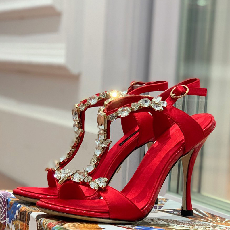 

stiletto Sandals for womens top quality Satin Crystal diamond decoration cool shoes luxurious Designer 10cm high heeled ladies Wedding party Sandal Factory shoes, Black
