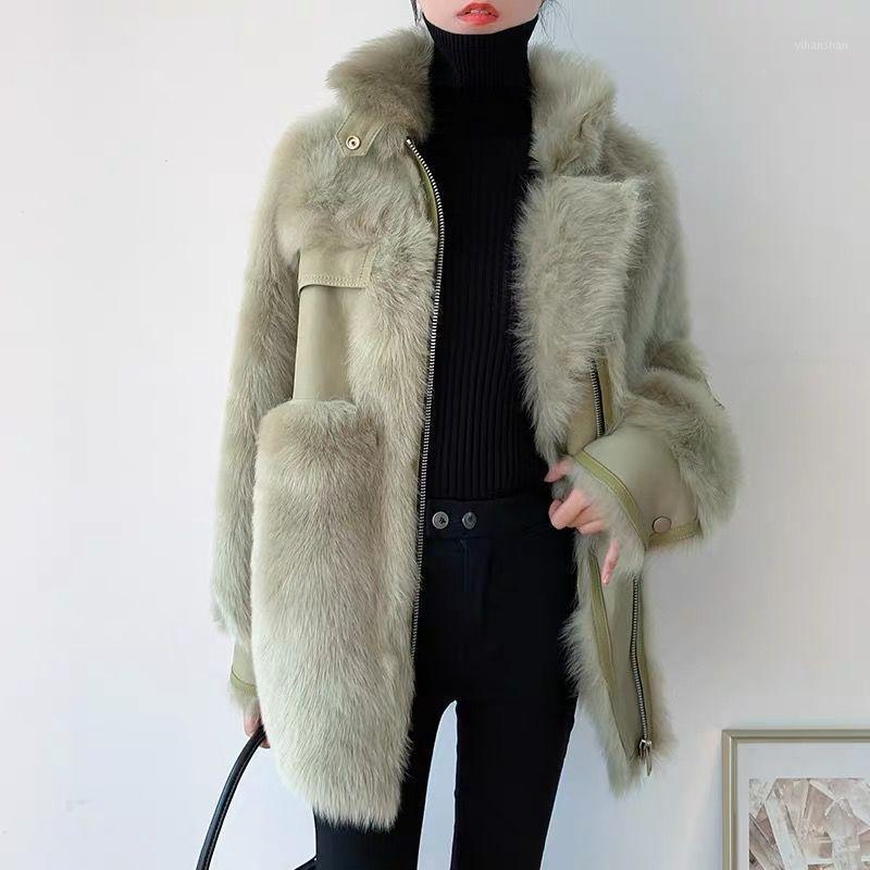 

Women' Leather & Faux Women Spring Winter Mid-length Sheep Shearing Outcoat Female Double-faced Fur Wool Coats Ladies Thick Warm Coat, Beige