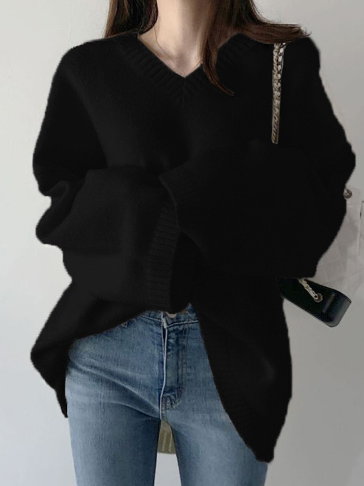 

Women Sweater Knitted Pullover Winter Warm Ladies V Neck Long Sleeve Top Female Long Solid Loose Fashion Jumper Truien Dames L220816, Black