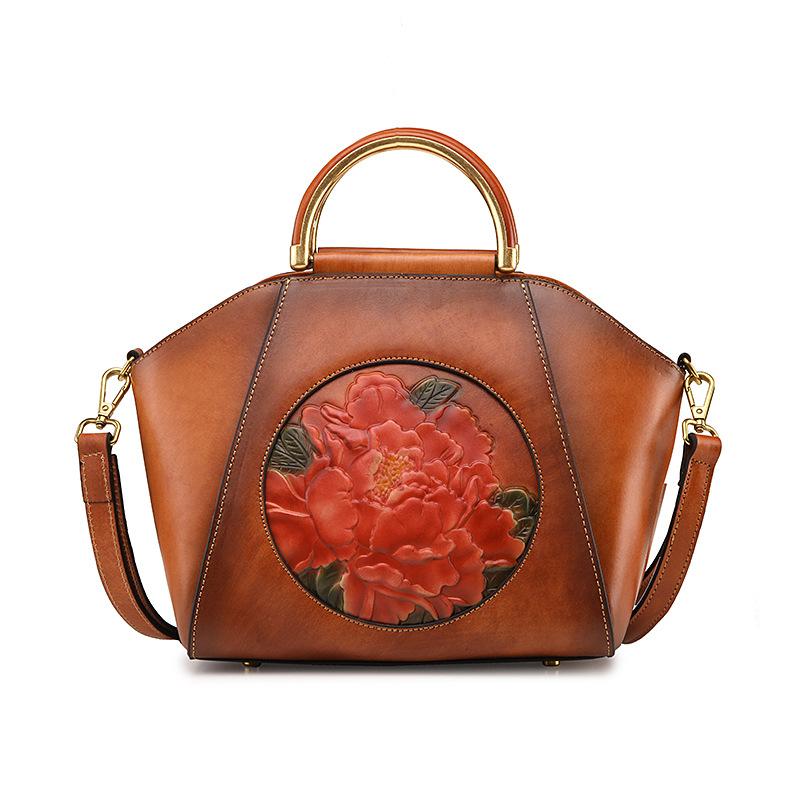 

Evening Bags 2022 Shell Shape Women Genuine Leather Gorgeous Peony Prints Shoulder Bag Creative Messenger, Black