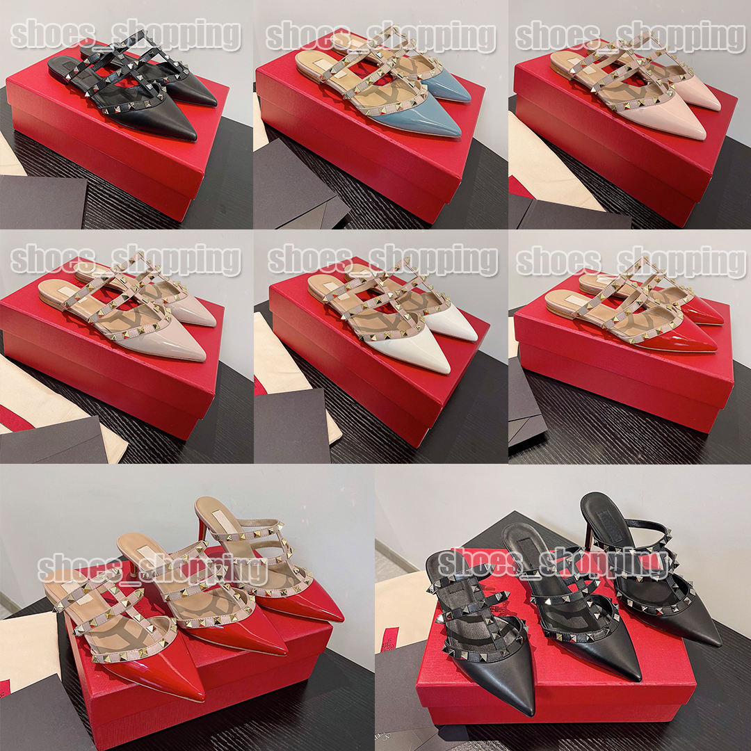 

designer stud sandals rivet highheels shoes valentinoes valentinoe valentino matte patent leather pointed sandal black red slippers flat shoe 6cm 8cm heel height