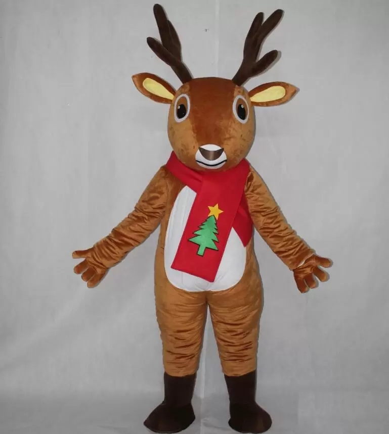 

2022 Halloween red scarf reindeer Mascot Costume High quality Cartoon Plush Anime theme character Christmas Adults Size Birthday Party Outdoor Outfit, As pic