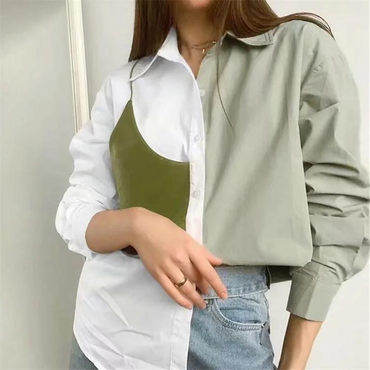 

Women' Blouses & Shirts Ripe Ethos Qualitative Condole Belt Splicing Niche Design Loose Type Leisure Shirt Color Fashion Long-sleeved, Green