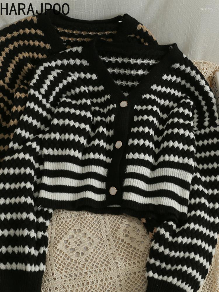 

Women's Knits & Tees Harajpoo Sweet Cardigan Women 2022 Striped Single-breasted Short Loose Sweater Female Korean Fashion Thin Casual Croppe, White