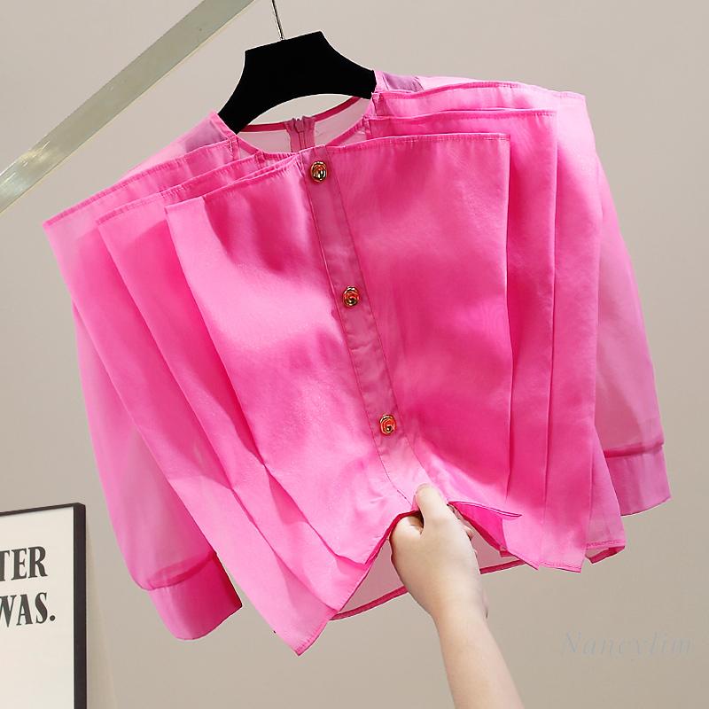

Women' Blouses & Shirts Sweet Blouse Femme Layers Pleated Solid Color Stitching Back Zipper 3/4 Sleeve Pullover Organza Shirt Temperament, Blue