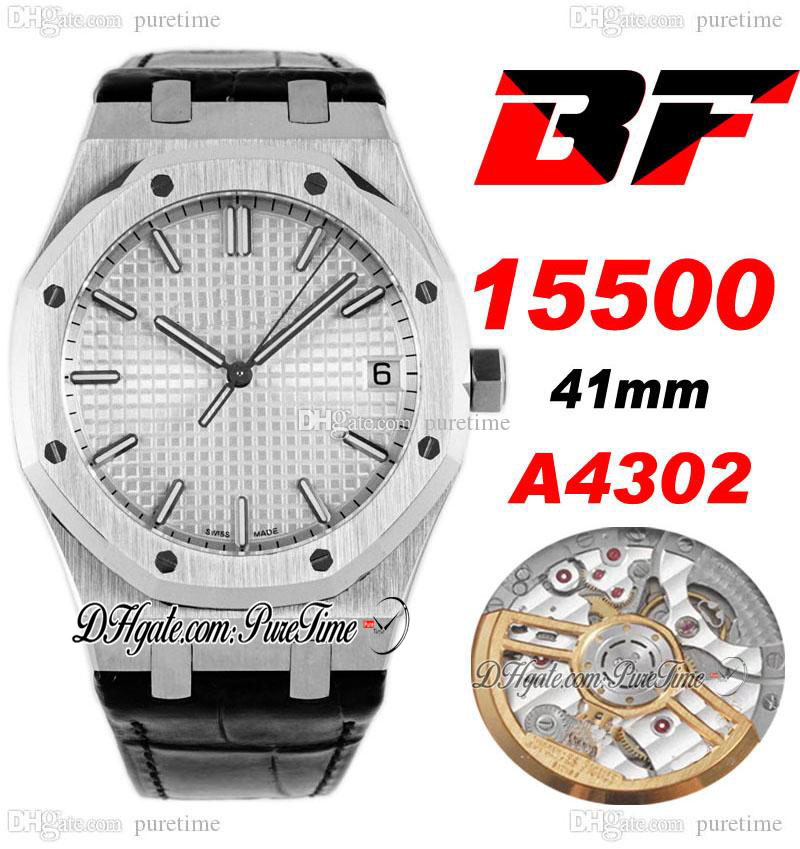 

BFF 41mm A4302 Automatic Mens Watch Steel Case Silver Textured Dial Stick Markers Black Leather Strap 5 Styels Super Edition Puretime B2