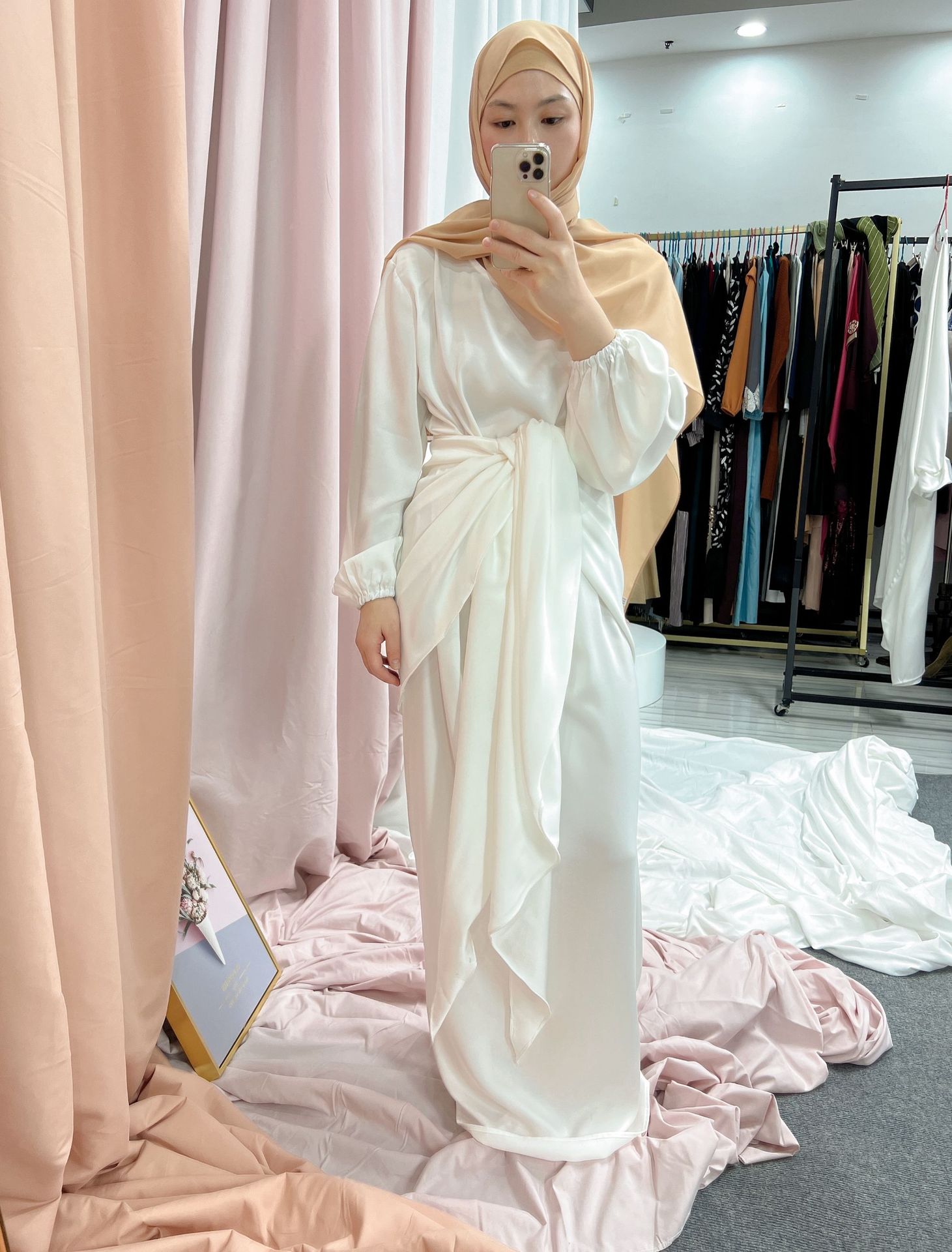 

Two Piece Dress Sets Ethnic Muslim Fashion Satin Maxi Long Dress Women with Wrap Skirt Caftan Robe Femme Musulman Djellaba