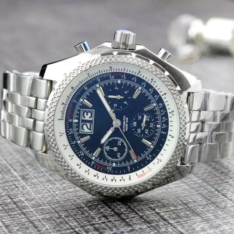 

46mm Male Wristwatch men quartz chronograph watch black blue leather Strap Sapphire Crystal Waterproof, Make waterproof 50m