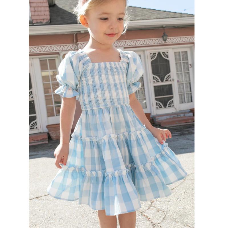 

Girl's Dresses Kids Baby Little Girls Summer Short Sleeve Plaid Backless Princess Dress Ruffle Casual Outfits Clothes Roupas De, Blue