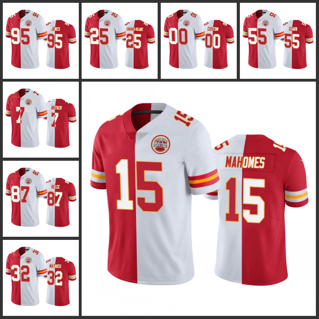 

Jersey Kansas''City''Chiefs''Men #15 Patrick Mahomes 25 Clyde Edwards-Helaire 87 Travis Kelce''NFL''Women Youth Custom Red White Split