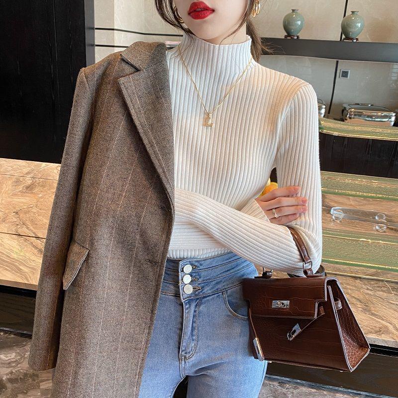 

Women's Sweaters Rimocy Korean Slim Fit Women Knitted Sweater 2022 Half High Collar Ribbed Bottoming Tops Woman Basic Long Sleeve Pullover L, Black