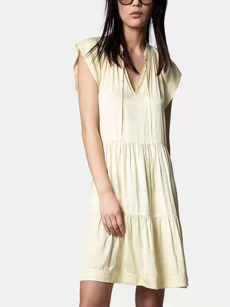 

Party Dresses Women' Simple Mini Dress Short Sleeve Lace-up 2022 Summer Female Stitching RobesParty, Yellow