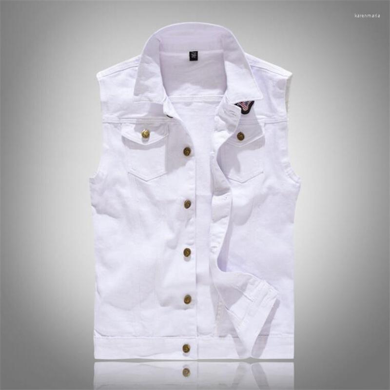 

Men's Vests Selling Spring Autumn White Denim Vest Vintage Sleeveless Washed Jeans Waistcoat Man Cowboy Ripped Jacket Casual Kare22