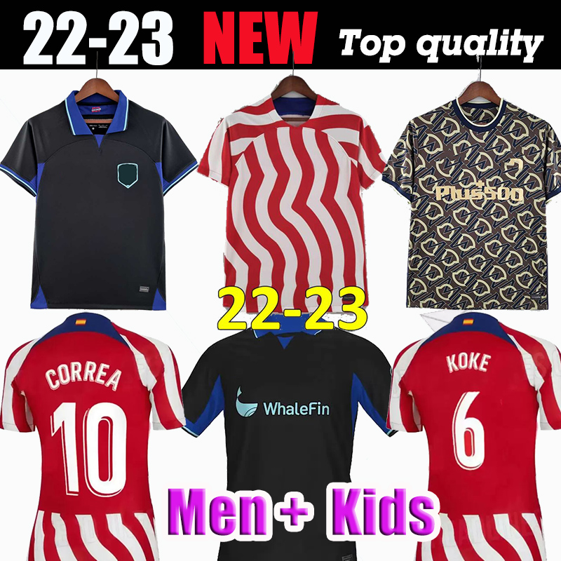 

soccer jerseys 22 23 JOAO FELIX 2022 2023 . LLORENTE SUAREZ Correa camiseta football shirts uniforms men kids kit Set GRIEZMANN R. DE PAUL CARRASCO Atletico MadridS, Kids away