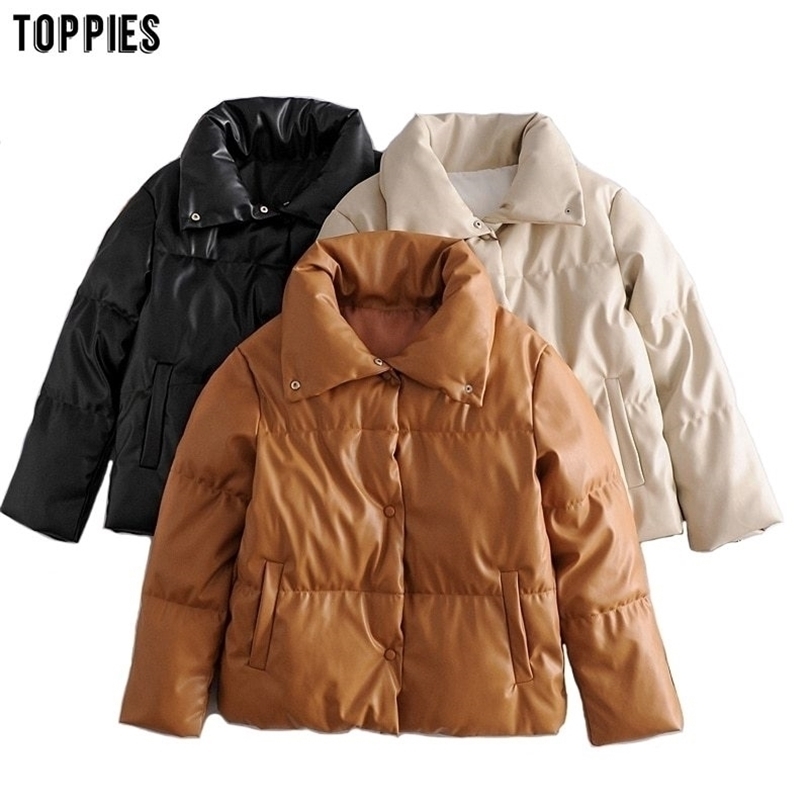 

Toppies Winter Women faux leather jacket coat oversized buttons Female black pu turn down collar outwear 201127, Apricot