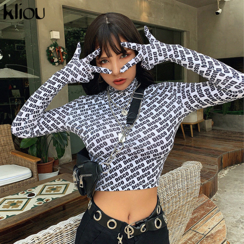 

Kliou autumn tshirt women turtleneck long sleeve with gloves crop top print slim shirt streetwear sexy skinny tee shirt Y200412, Black
