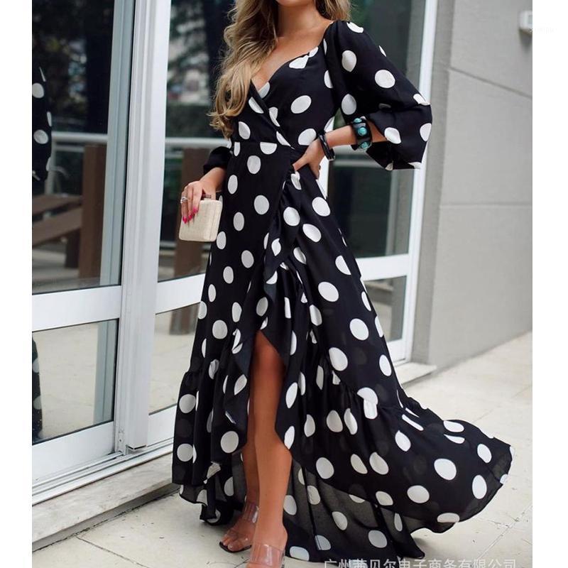 

Casual Dresses Wepbel Polka Dot Print Split Dress High Waist Sexy V-neck Party Women Long Sleeve Black Big Swing Summer Lace Up