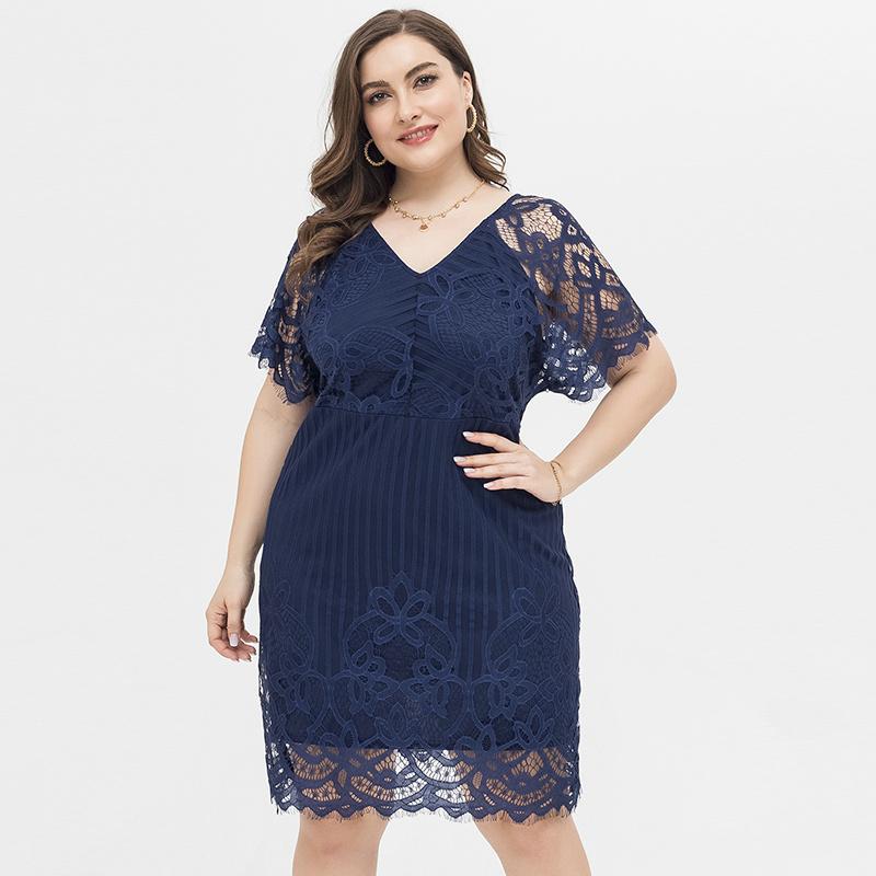 

Plus Size Dresses Spring European And American Style Lace Sexy Fashion V-Neck Dress For WomenPlus, Deep blue