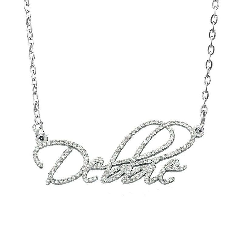 Collier de nom en argent sterling S925 personnalisé pour femmes bijoux délicats de la plaque signalétique avec des pierres de zircone cubique inc