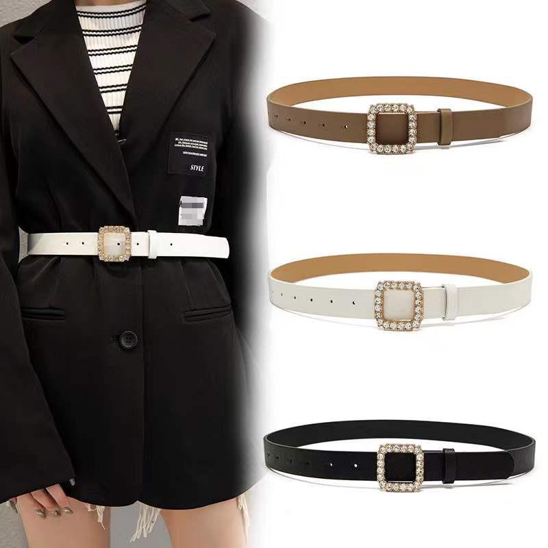 

Belts Fashion Women Square Round Rhinestone Buckle Waist Strap Designer Luxury Elegant Belt Jeans Dress Trouser Accessories Waistband, Black